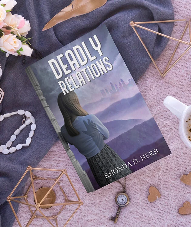 Deadly Relations by Rhonda D. Herb — misty purple cover styled with roses and gold geometric decor