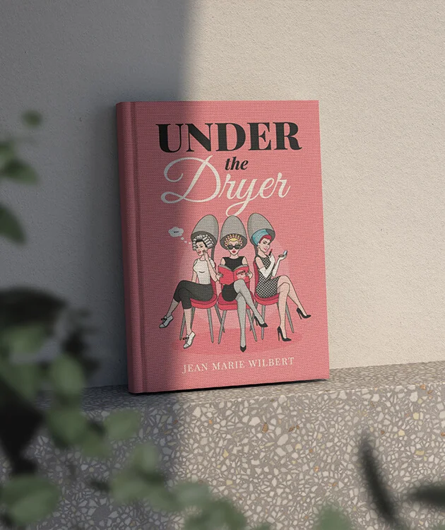 Under the Dryer by Jean Marie Wilbert — pink illustrated hardcover leaning against a stone wall